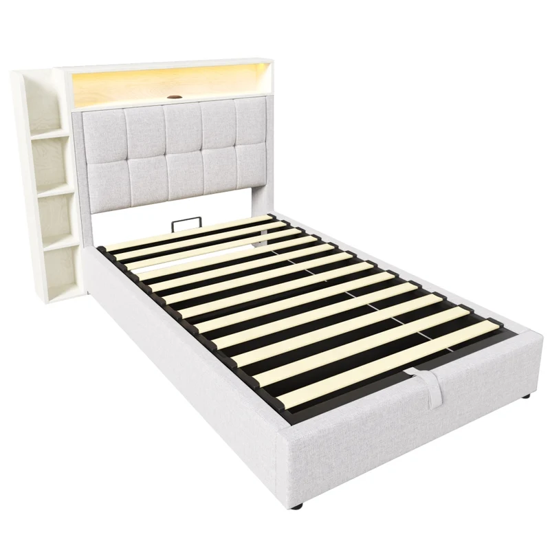 Letto imbottito 90x200 cm con contenitore idraulico; LED e ricarica USB-C; beige