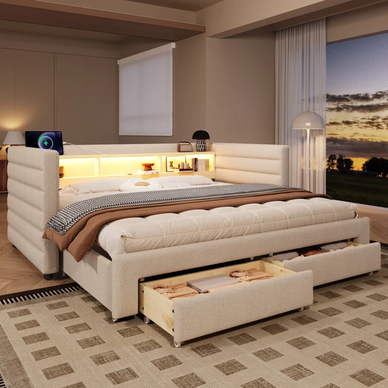 Letto da giorno con letto estraibile 90x190 cm in velluto beige; LED e vani contenitore