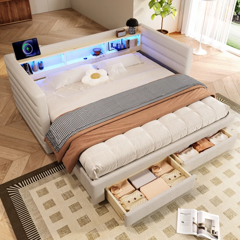 Letto da giorno con letto estraibile 90x190 cm in velluto beige; LED e vani contenitore