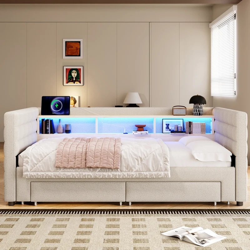 Letto da giorno con letto estraibile 90x190 cm in velluto beige; LED e vani contenitore