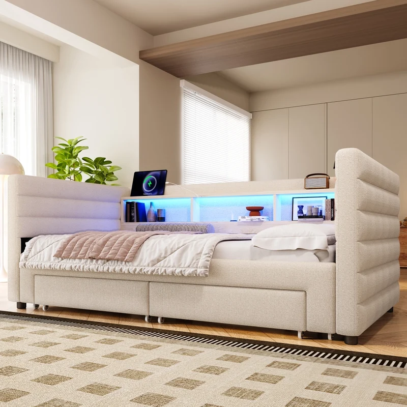 Letto da giorno con letto estraibile 90x190 cm in velluto beige; LED e vani contenitore