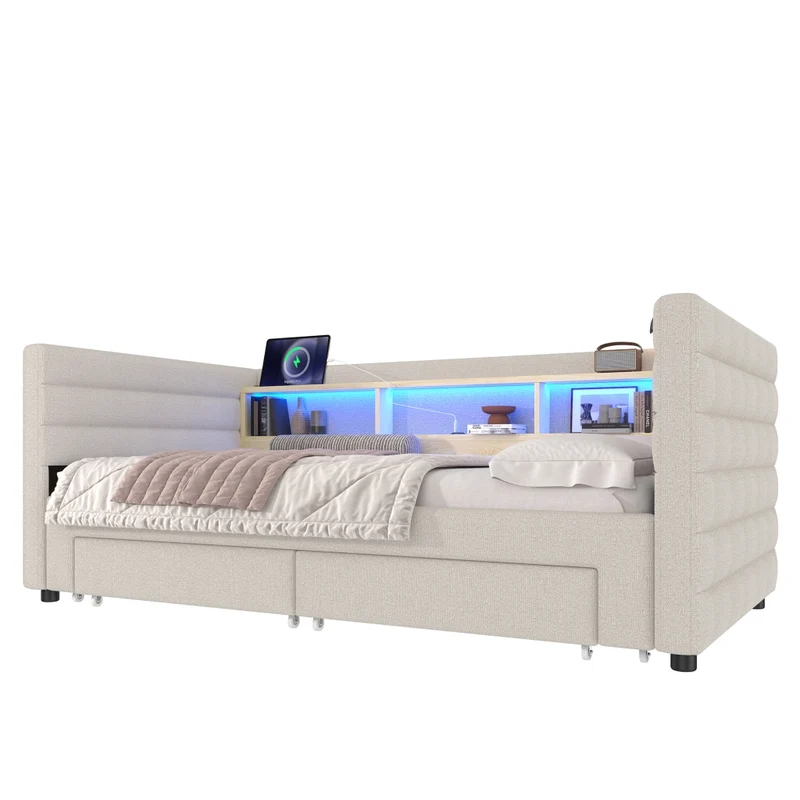 Letto da giorno con letto estraibile 90x190 cm in velluto beige; LED e vani contenitore