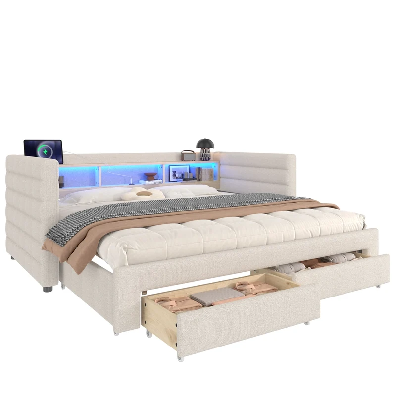 Letto da giorno con letto estraibile 90x190 cm in velluto beige; LED e vani contenitore