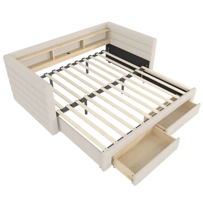 Letto da giorno con letto estraibile 90x190 cm in velluto beige; LED e vani contenitore