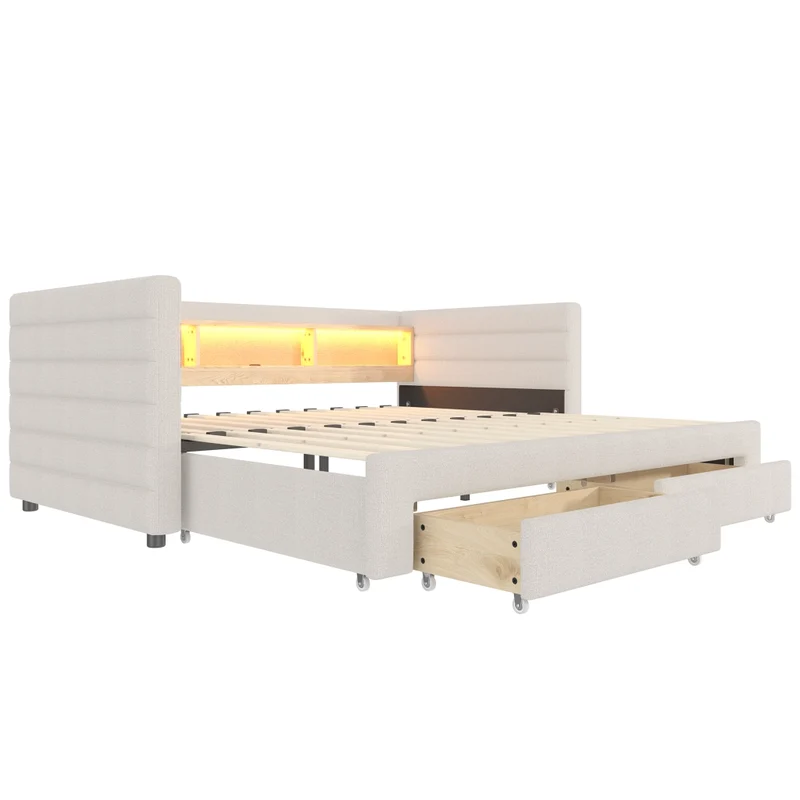 Letto da giorno con letto estraibile 90x190 cm in velluto beige; LED e vani contenitore