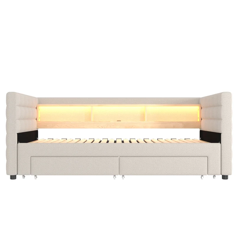 Letto da giorno con letto estraibile 90x190 cm in velluto beige; LED e vani contenitore