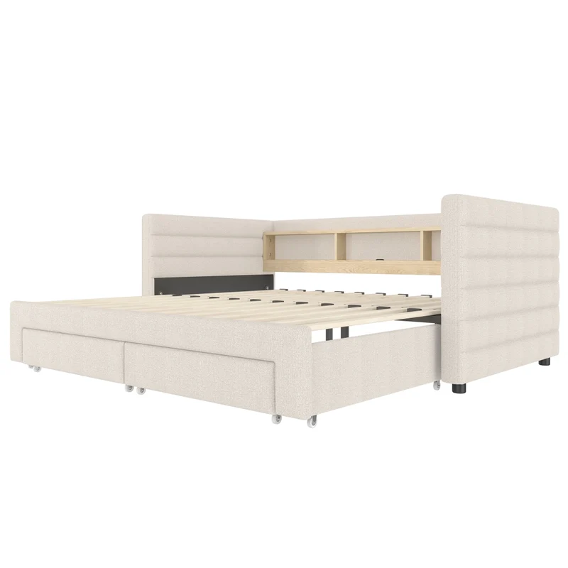 Letto da giorno con letto estraibile 90x190 cm in velluto beige; LED e vani contenitore