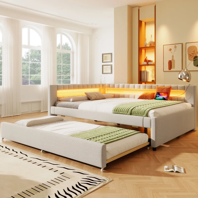 Letto estraibile 140x200 in lino e MDF beige con LED; USB e letto aggiuntivo