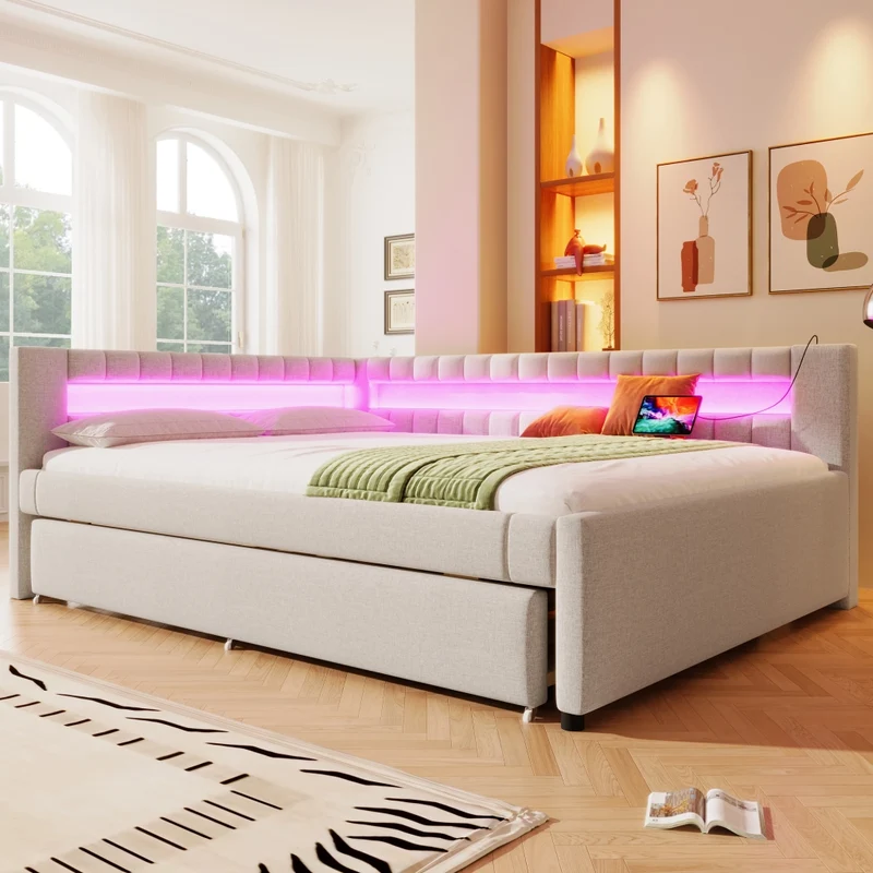 Letto estraibile 140x200 in lino e MDF beige con LED; USB e letto aggiuntivo