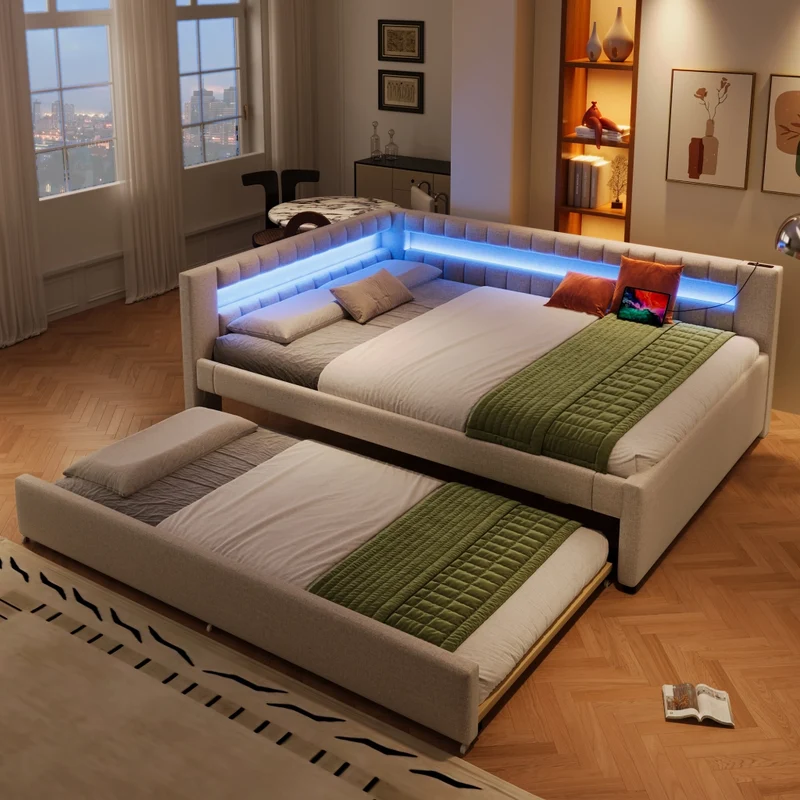 Letto estraibile 140x200 in lino e MDF beige con LED; USB e letto aggiuntivo