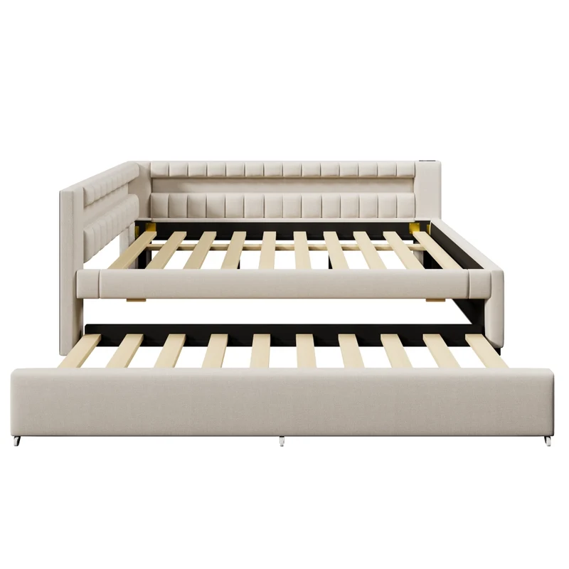 Letto estraibile 140x200 in lino e MDF beige con LED; USB e letto aggiuntivo