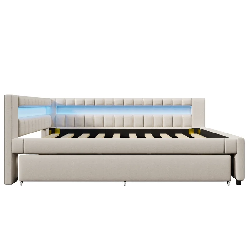 Letto estraibile 140x200 in lino e MDF beige con LED; USB e letto aggiuntivo