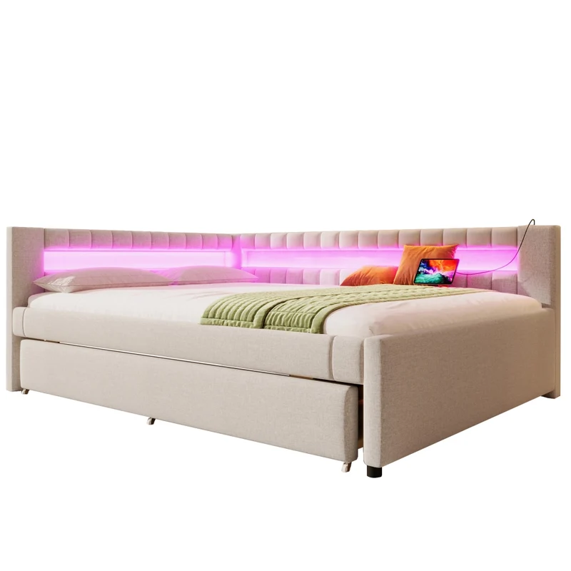 Letto estraibile 140x200 in lino e MDF beige con LED; USB e letto aggiuntivo