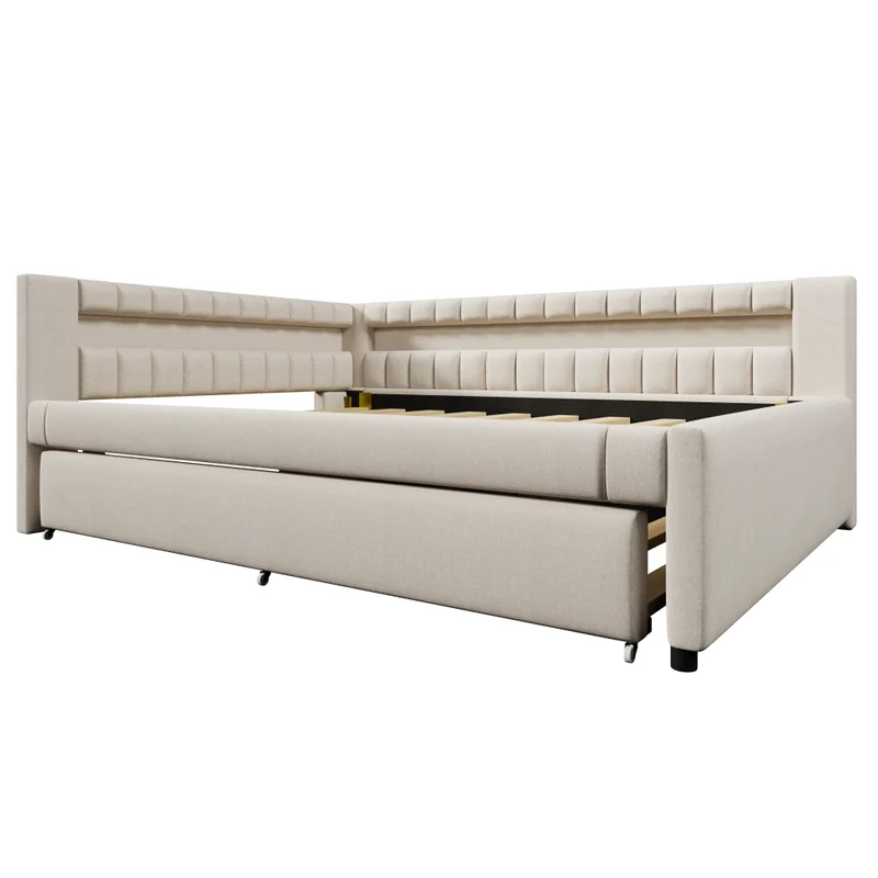 Letto estraibile 140x200 in lino e MDF beige con LED; USB e letto aggiuntivo
