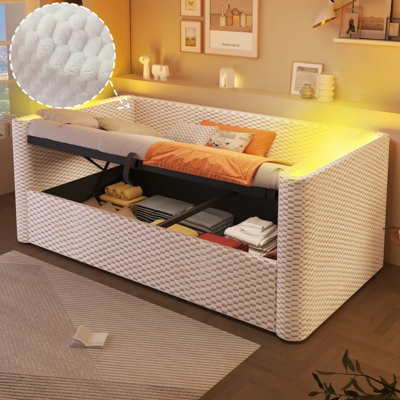 Divano letto in velluto beige 90x200 cm con contenitore idraulico e luci LED
