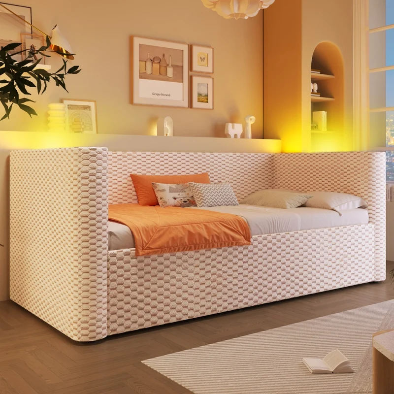Divano letto in velluto beige 90x200 cm con contenitore idraulico e luci LED