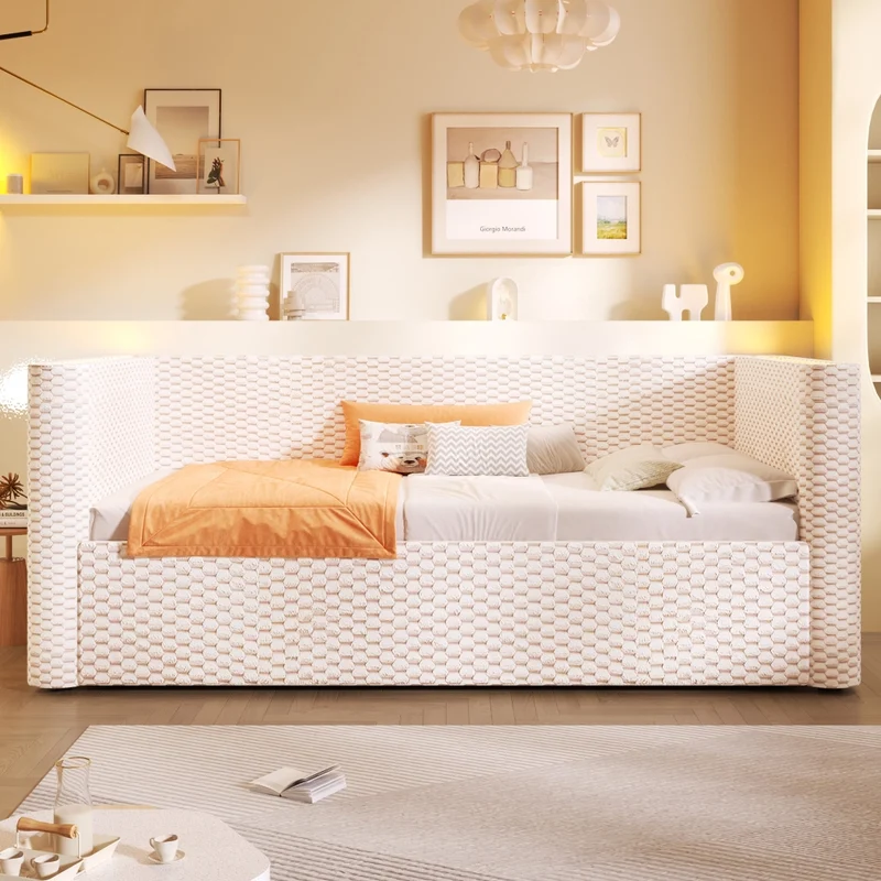 Divano letto in velluto beige 90x200 cm con contenitore idraulico e luci LED