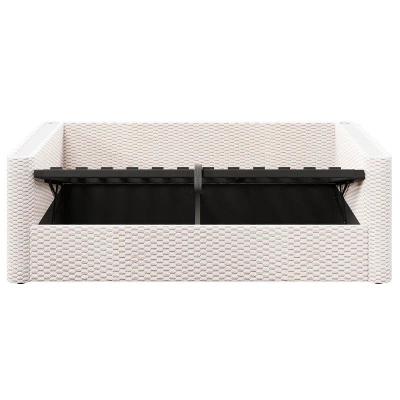 Divano letto in velluto beige 90x200 cm con contenitore idraulico e luci LED