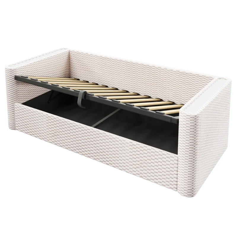 Divano letto in velluto beige 90x200 cm con contenitore idraulico e luci LED