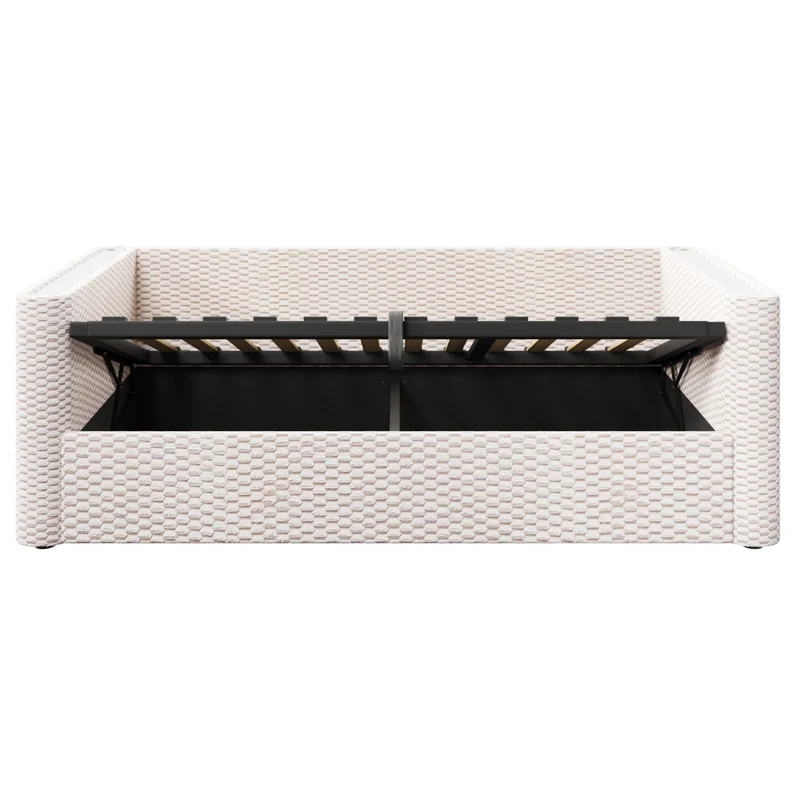 Divano letto in velluto beige 90x200 cm con contenitore idraulico e luci LED