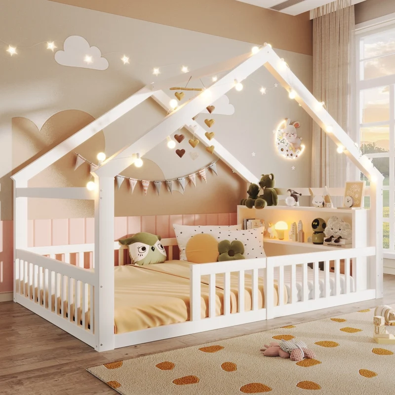 Letto a casetta per bambini 140 x 190 cm con sponde; lucine LED e scaffali laterali; bianco