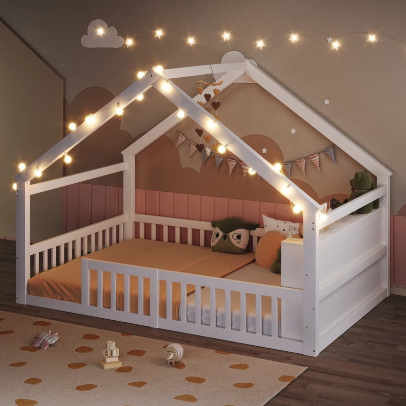 Letto a casetta per bambini 140 x 190 cm con sponde; lucine LED e scaffali laterali; bianco