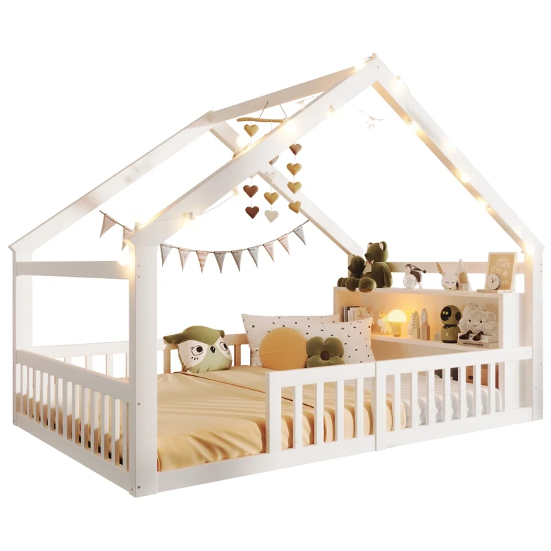 Letto a casetta per bambini 140 x 190 cm con sponde; lucine LED e scaffali laterali; bianco