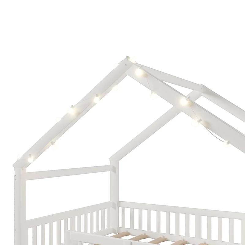 Letto a casetta per bambini 140 x 190 cm con sponde; lucine LED e scaffali laterali; bianco