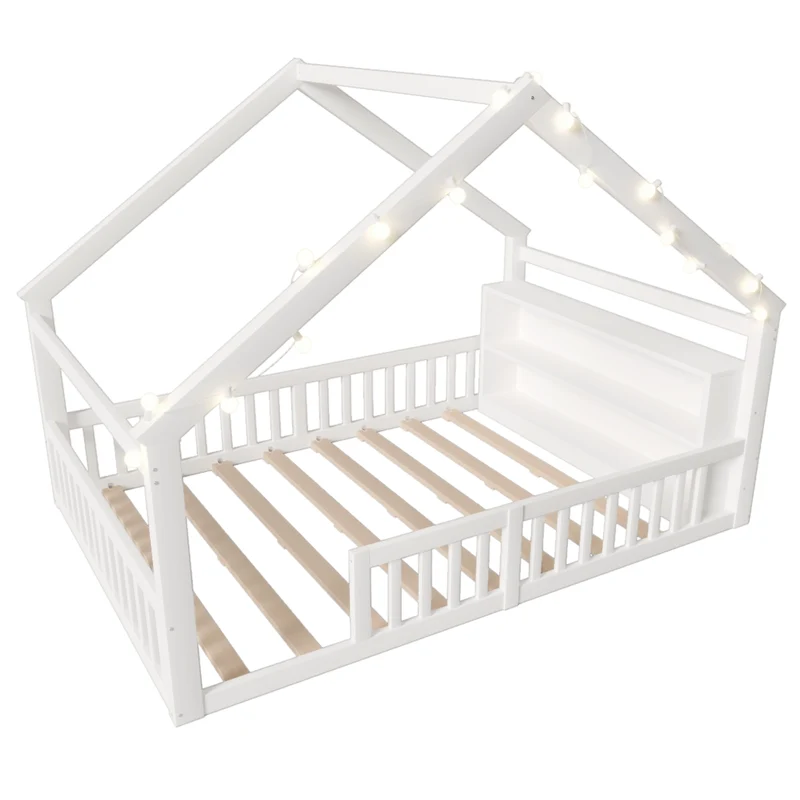 Letto a casetta per bambini 140 x 190 cm con sponde; lucine LED e scaffali laterali; bianco