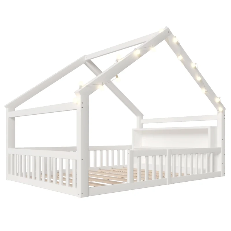 Letto a casetta per bambini 140 x 190 cm con sponde; lucine LED e scaffali laterali; bianco