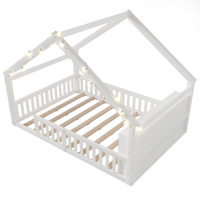 Letto a casetta per bambini 140 x 190 cm con sponde; lucine LED e scaffali laterali; bianco