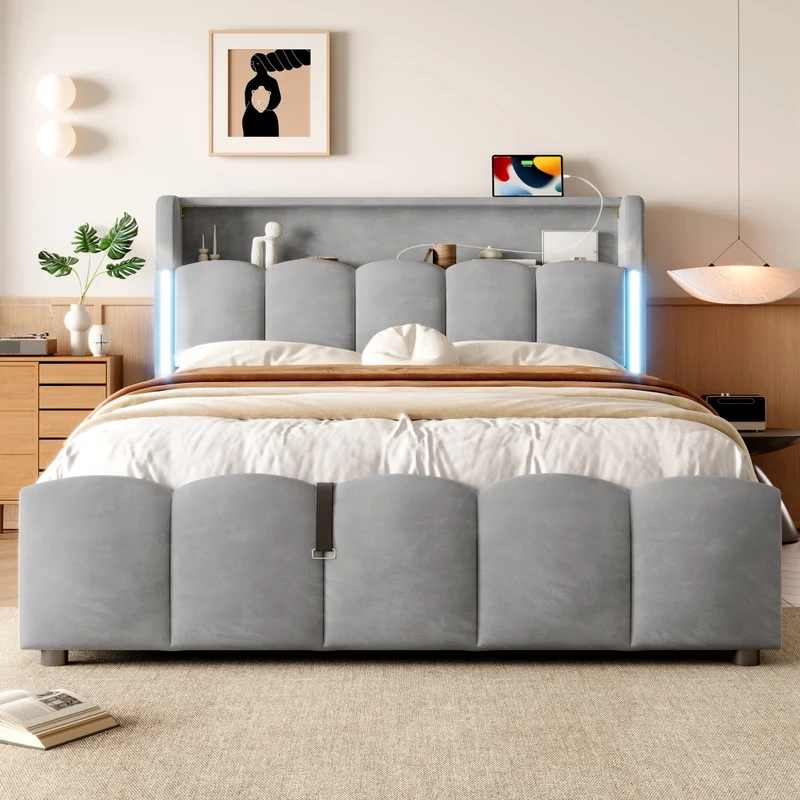 Letto contenitore 140x200 cm imbottito in velluto grigio con LED; testiera con vano e prese USB