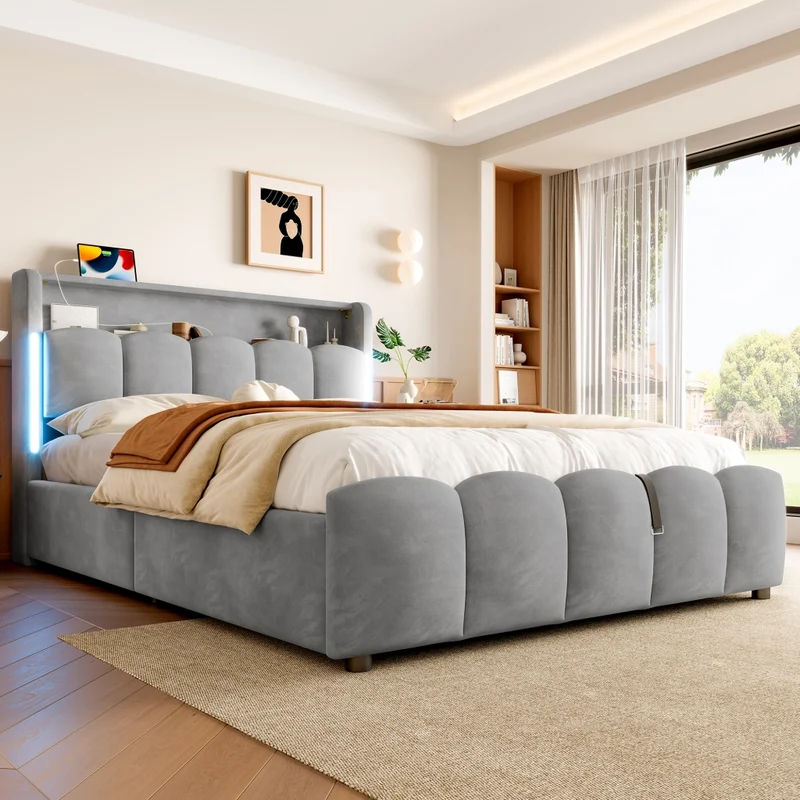 Letto contenitore 140x200 cm imbottito in velluto grigio con LED; testiera con vano e prese USB