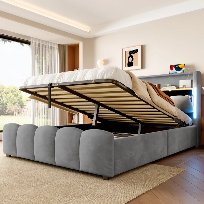 Letto contenitore 140x200 cm imbottito in velluto grigio con LED; testiera con vano e prese USB