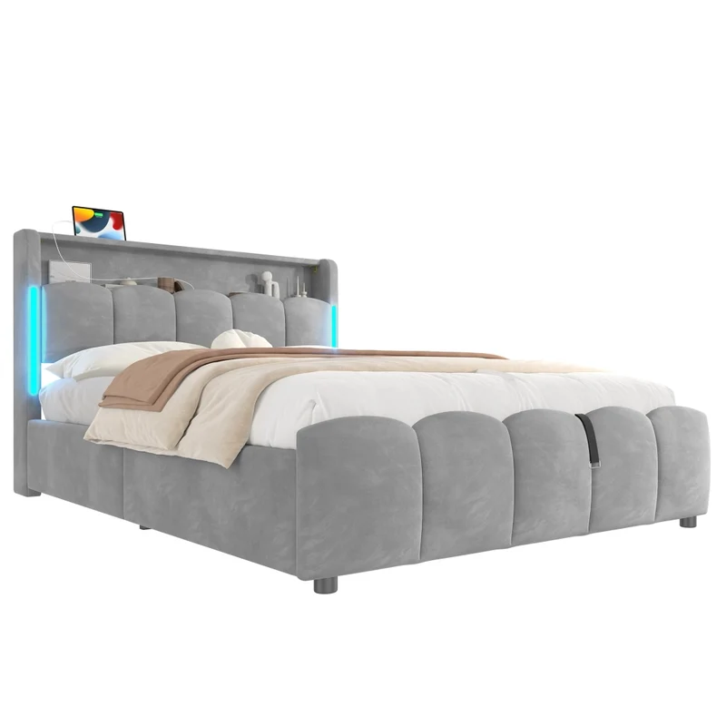 Letto contenitore 140x200 cm imbottito in velluto grigio con LED; testiera con vano e prese USB