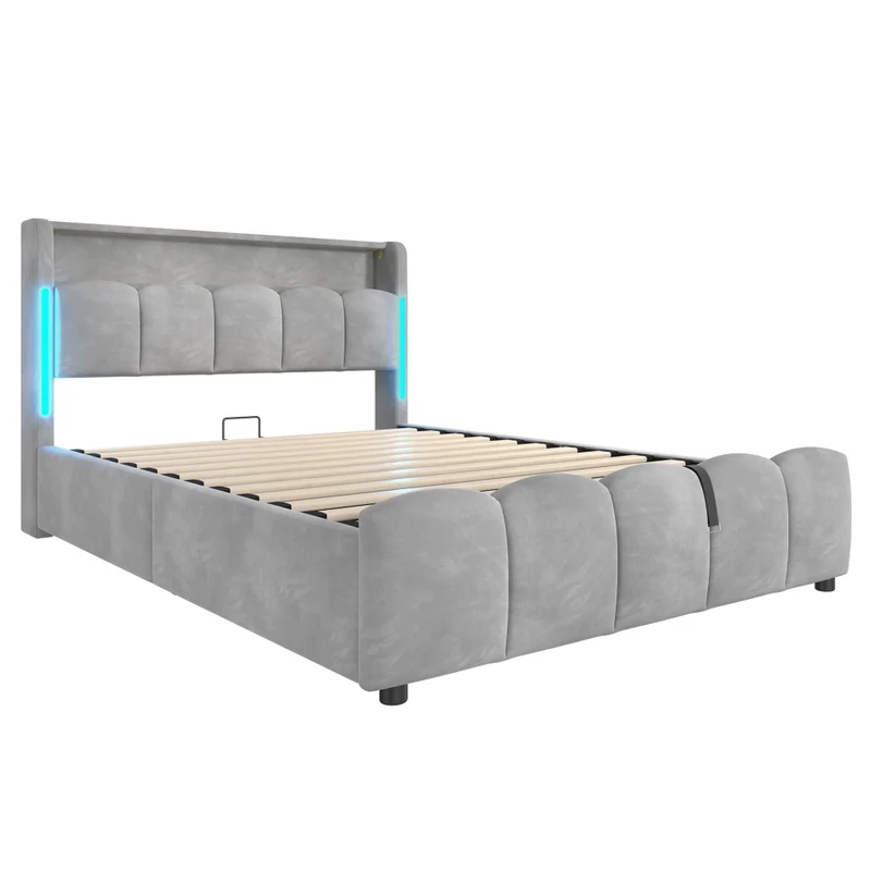 Letto contenitore 140x200 cm imbottito in velluto grigio con LED; testiera con vano e prese USB