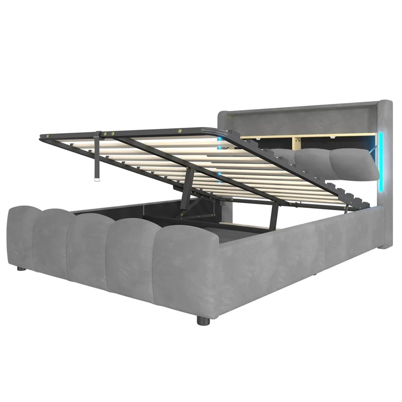 Letto contenitore 140x200 cm imbottito in velluto grigio con LED; testiera con vano e prese USB