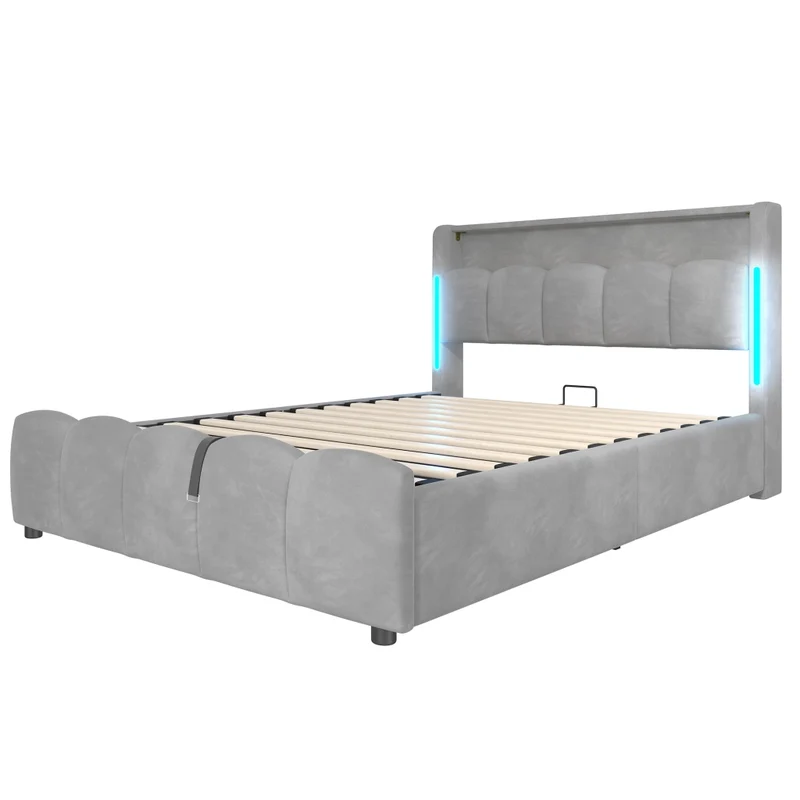 Letto contenitore 140x200 cm imbottito in velluto grigio con LED; testiera con vano e prese USB