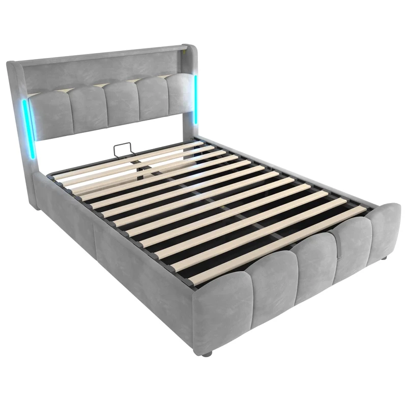 Letto contenitore 140x200 cm imbottito in velluto grigio con LED; testiera con vano e prese USB
