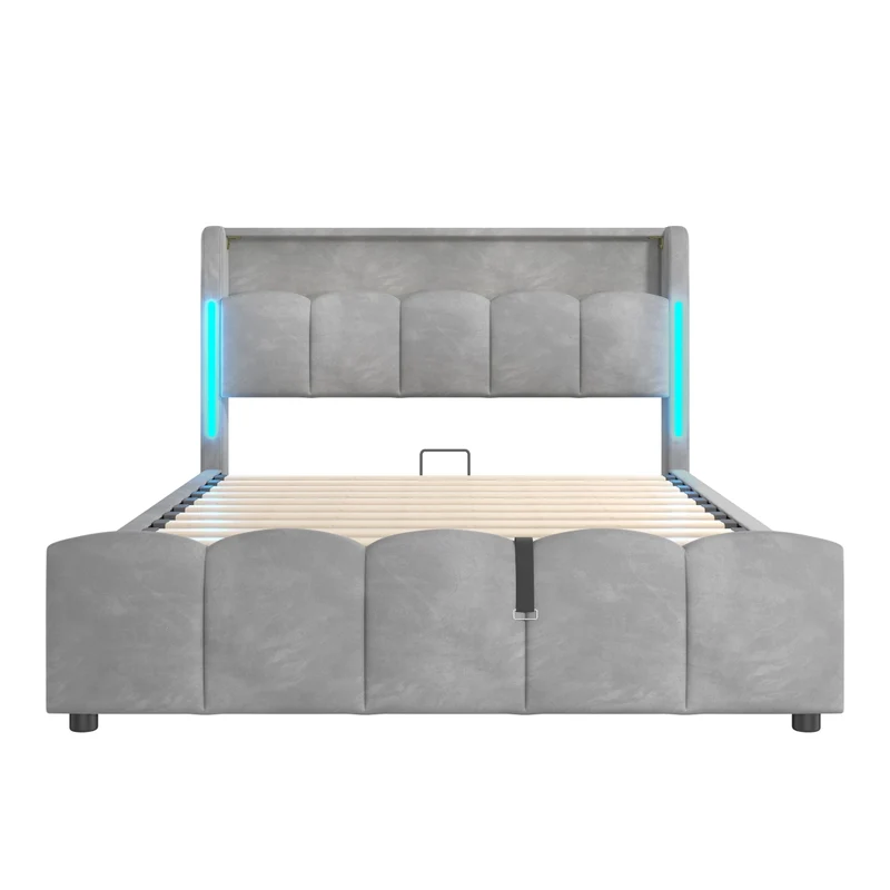 Letto contenitore 140x200 cm imbottito in velluto grigio con LED; testiera con vano e prese USB