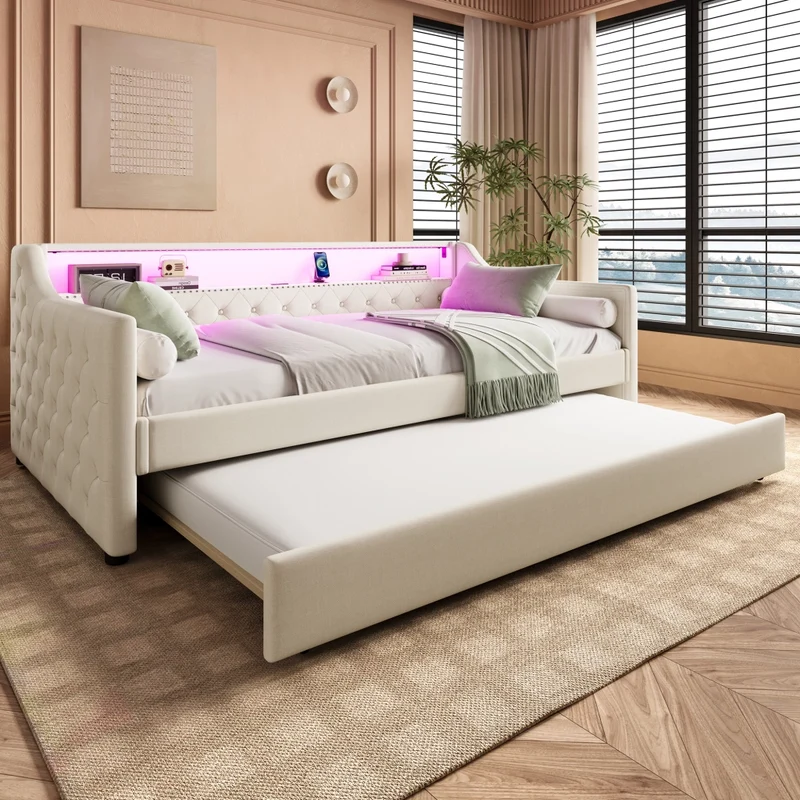 Divano letto singolo 90x200 cm con rete a doghe; letto estraibile; LED e USB; lino beige