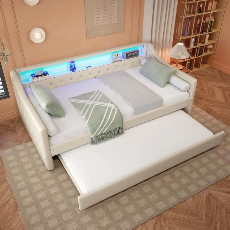 Divano letto singolo 90x200 cm con rete a doghe; letto estraibile; LED e USB; lino beige