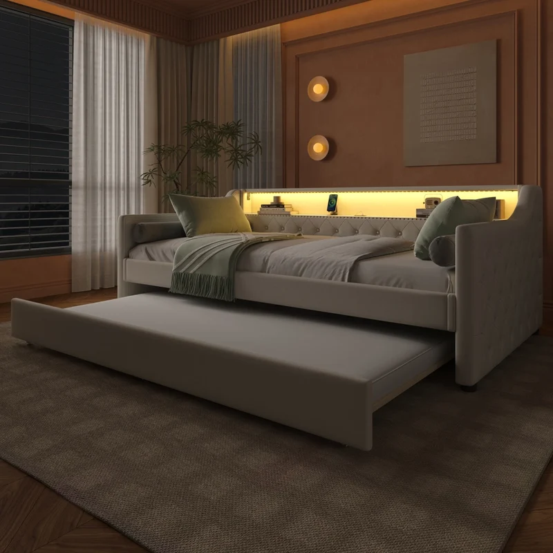Divano letto singolo 90x200 cm con rete a doghe; letto estraibile; LED e USB; lino beige