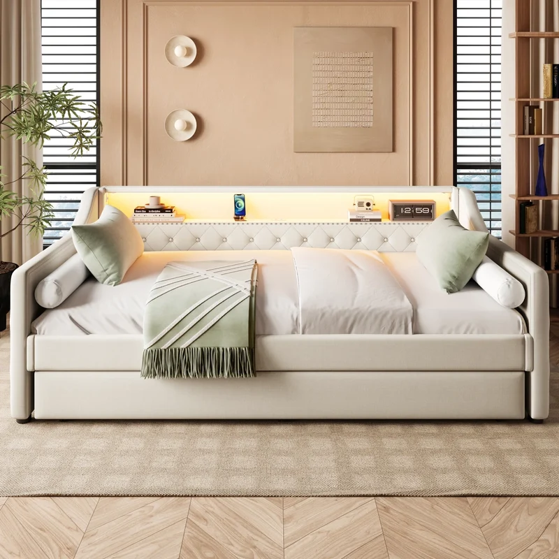Divano letto singolo 90x200 cm con rete a doghe; letto estraibile; LED e USB; lino beige