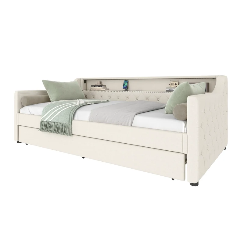 Divano letto singolo 90x200 cm con rete a doghe; letto estraibile; LED e USB; lino beige