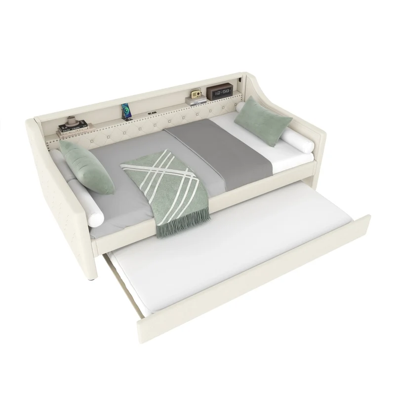 Divano letto singolo 90x200 cm con rete a doghe; letto estraibile; LED e USB; lino beige