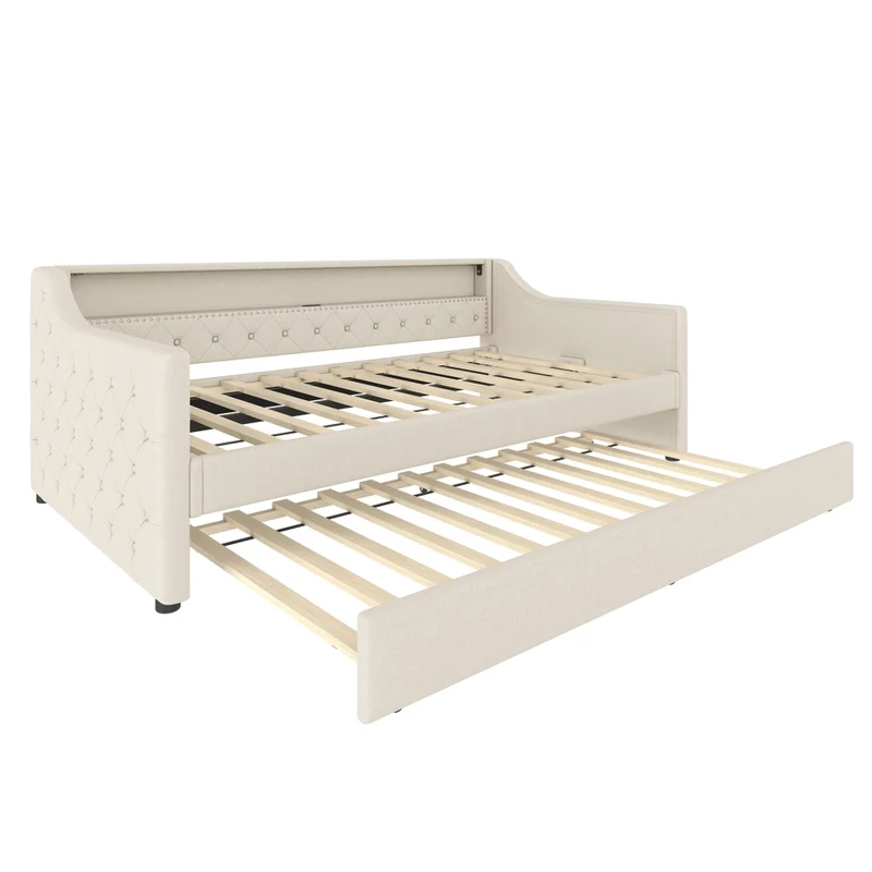 Divano letto singolo 90x200 cm con rete a doghe; letto estraibile; LED e USB; lino beige
