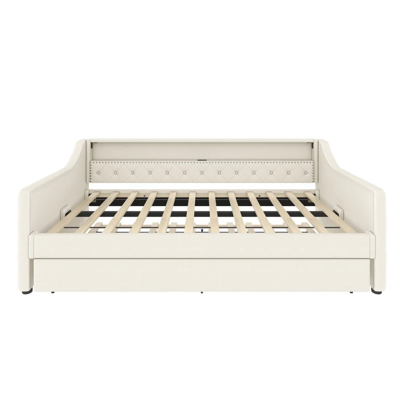 Divano letto singolo 90x200 cm con rete a doghe; letto estraibile; LED e USB; lino beige