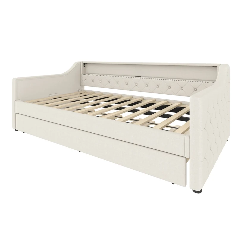 Divano letto singolo 90x200 cm con rete a doghe; letto estraibile; LED e USB; lino beige