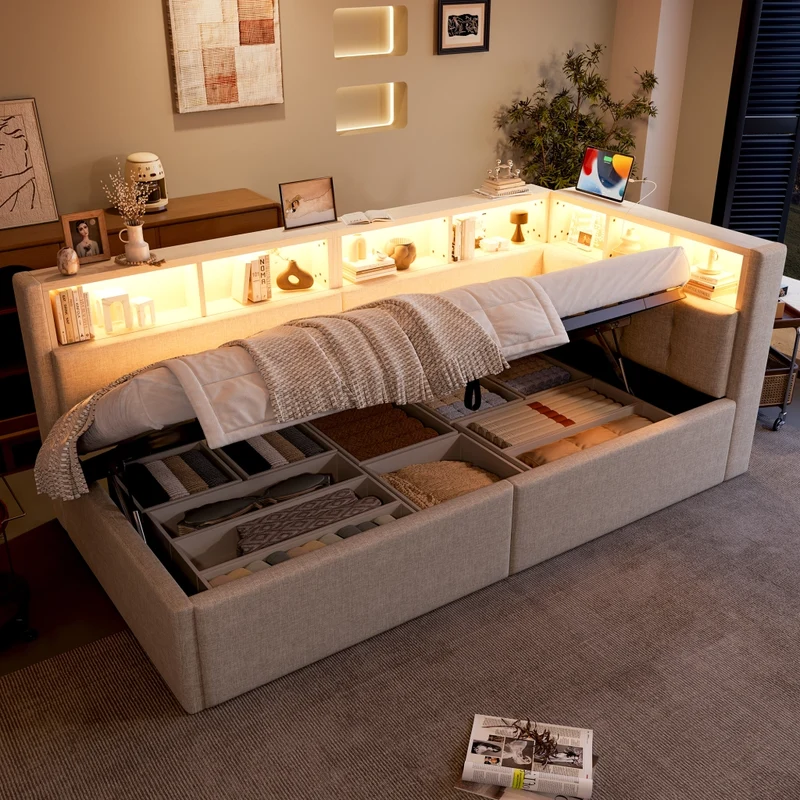 Divano letto singolo 90 x 200 cm beige; letto contenitore con apertura idraulica e luci LED